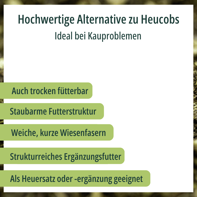 HBD Vital® SeniorHeu: hochwertige Alternative zu Heucobs, ideal bei Kauproblemen, auch trocken fütterbar, mit staubarmer Futterstruktur, weichen kurzen Wiesenfasern, als strukturreiches Ergänzungsfutter und Heuersatz oder -ergänzung geeignet.