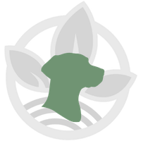 HBD Vital® Icon: stilisierter Hundekopf mit zwei Blättern und Wellenlinien im Kreis, Symbol für Hundeprodukte