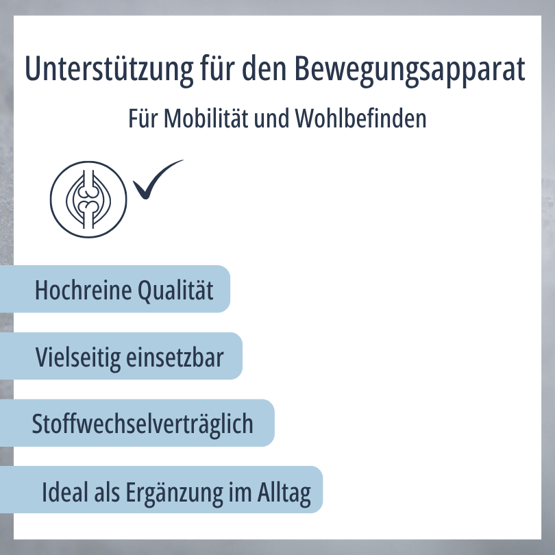 Grafik zu HBD Vital® MSM: hochreine Qualität, vielseitig einsetzbar, stoffwechselverträglich, ideal als Ergänzung im Alltag für Mobilität und Wohlbefinden