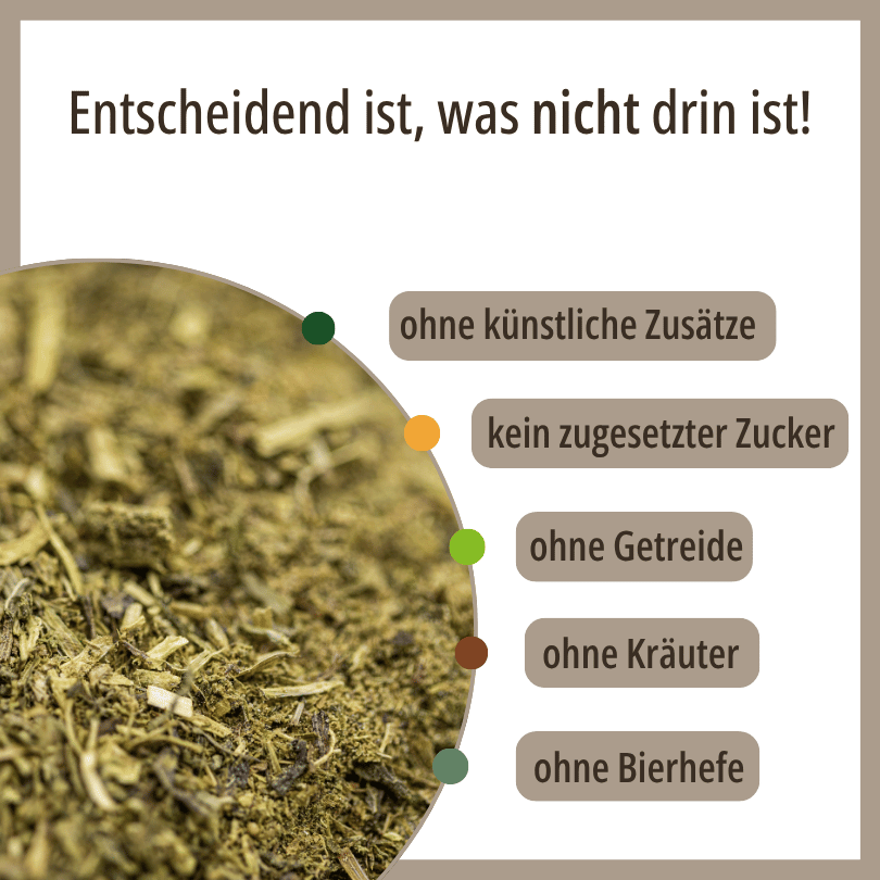 HBD Vital® Mytox ohne Bierhefe: ohne künstliche Zusätze, kein zugesetzter Zucker, ohne Getreide, ohne Kräuter und ohne Bierhefe.