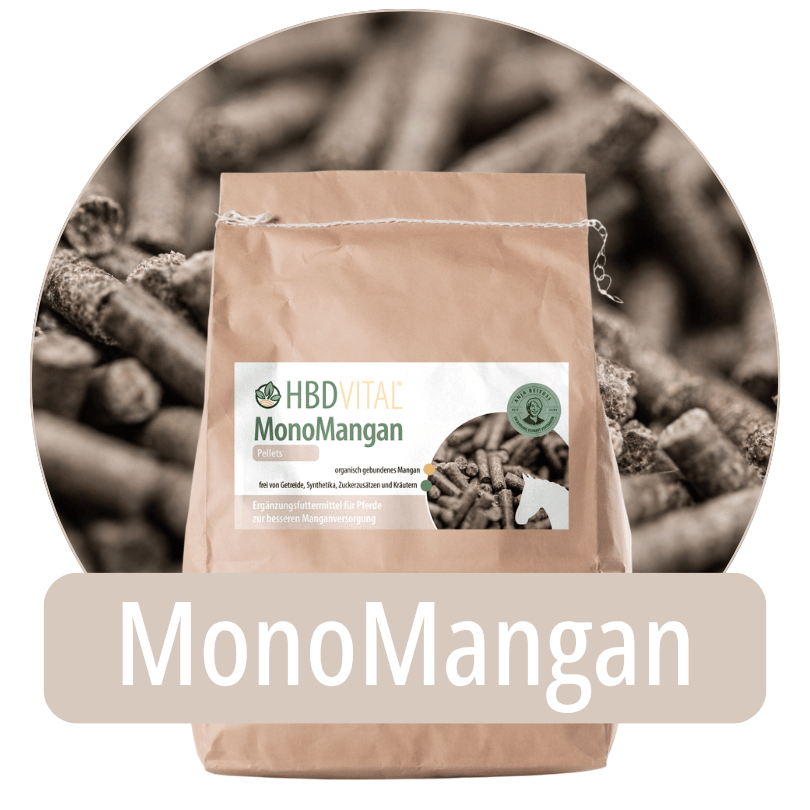 Produktverpackung HBD Vital® MonoMangan Pulver, organisch gebundenes Mangan als Ergänzungsfuttermittel für Pferde