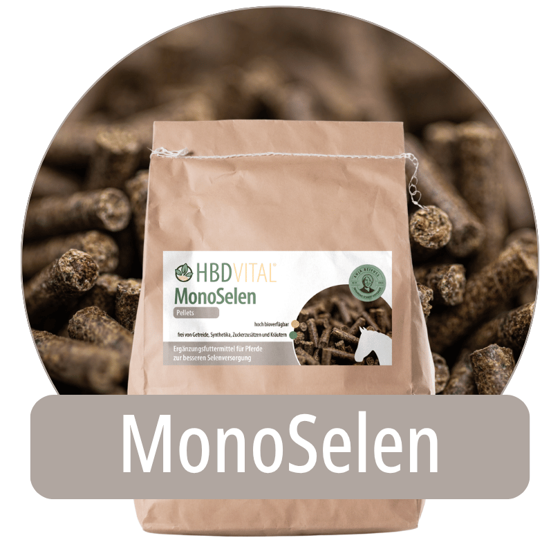 Produktverpackung HBD Vital® MonoSelen Pellets, hoch bioverfügbares Ergänzungsfuttermittel für Pferde zur besseren Selenversorgung