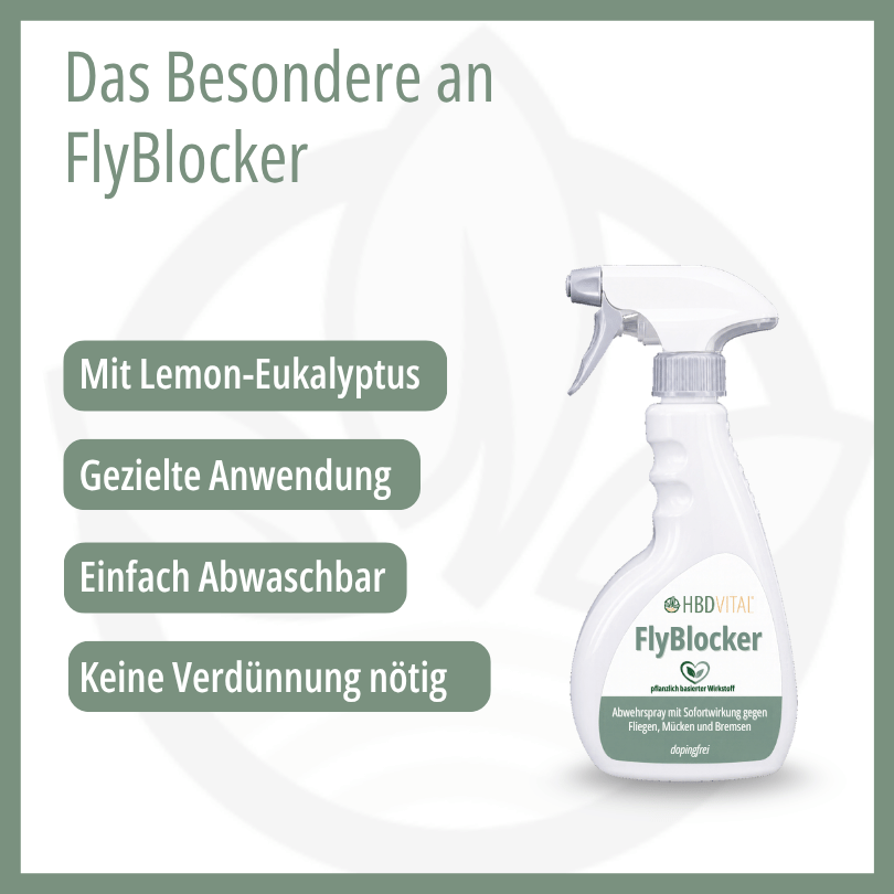 FlyBlocker Fliegenspray für Pferde von HBD Vital® mit Lemon-Eukalyptus: gezielte Anwendung, einfach abwaschbar, keine Verdünnung nötig