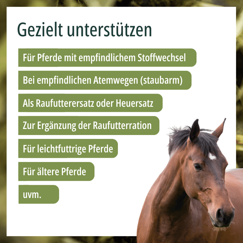 HBD Vital® StrukturVit: geeignet für Pferde mit empfindlichem Stoffwechsel, bei empfindlichen Atemwegen, als Raufutter- oder Heuersatz, zur Ergänzung der Raufutterration, für leichtfuttrige und für ältere Pferde.