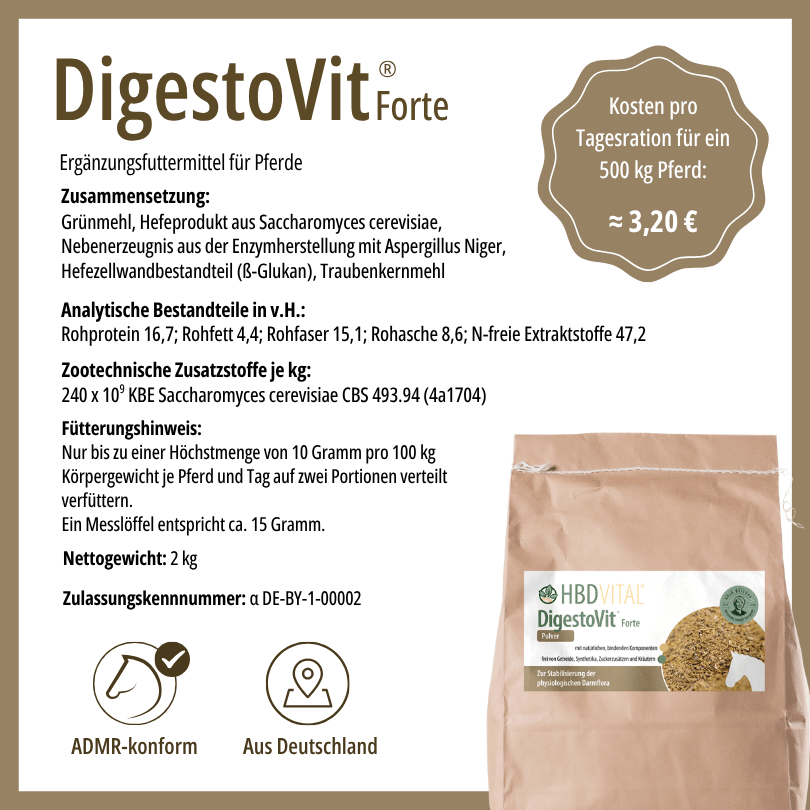 Produktetikett HBD Vital® DigestoVit® Forte mit Zusammensetzung, analytischen Bestandteilen, Fütterungshinweis, Nettogewicht 2 kg, ADMR-konform, hergestellt in Deutschland