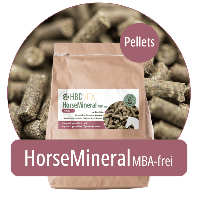 Produktverpackung HBD Vital® HorseMineral MBAfrei Pellets, Mineralfuttermittel für Pferde mit organisch gebundenen Spurenelementen