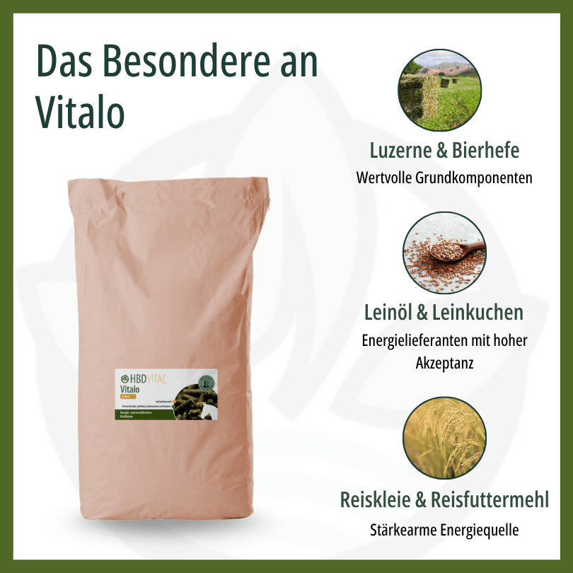 HBD Vital® Vitalo Reis mit Luzerne und Bierhefe als wertvolle Grundkomponenten, Leinöl und Leinkuchen als Energielieferanten mit hoher Akzeptanz sowie Reiskleie und Reisfuttermehl als stärkearme Energiequelle.