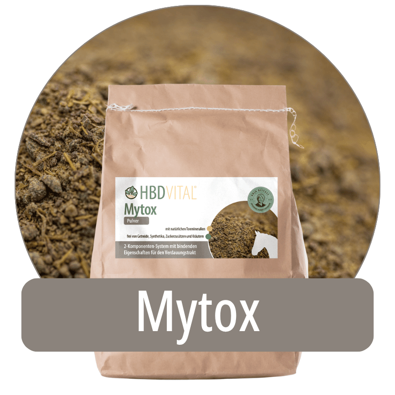 HBD Vital® Mytox: geeignet zur Unterstützung bei schwankender oder minderer Raufutterqualität, bei empfindlicher Verdauung, begleitend während oder nach Wurmkuren, für Pferde mit sensibler Immunbalance sowie bei sensibler Atemwegsgesundheit.