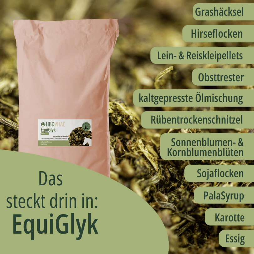 HBD Vital® EquiGlyk Verpackung mit Zutaten wie Grashäcksel, Reiskleie, entzuckerte Rübentrockenschnitzel, Leinöl, Leinkuchen, Chiamehl, Bierhefe und Hanfnüsse