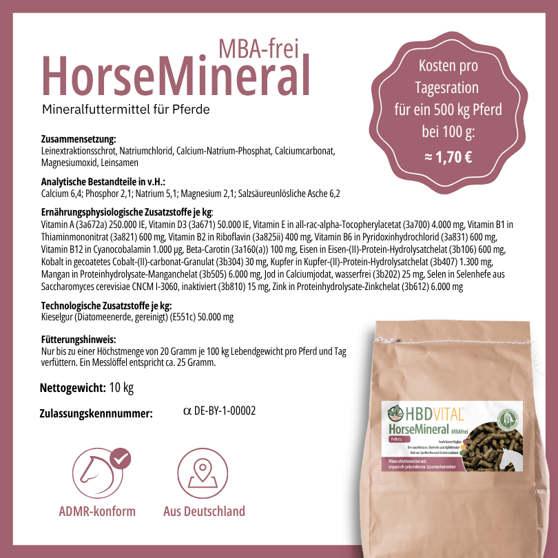 Produktetikett HBD Vital® HorseMineral MBAfrei mit Zusammensetzung, analytischen Bestandteilen, Fütterungshinweis, Nettogewicht 3 kg, ADMR-konform, hergestellt in Deutschland