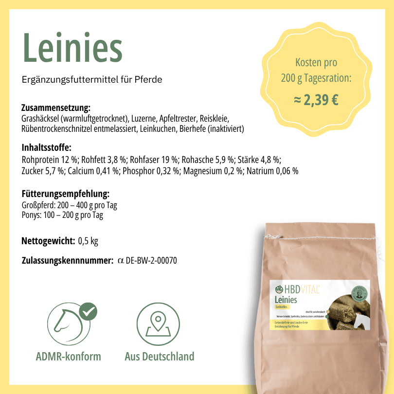 Produktetikett HBD Vital® Leinies mit Zusammensetzung, Inhaltsstoffen, Fütterungsempfehlung, Nettogewicht 0,5 kg, ADMR-konform, hergestellt in Deutschland