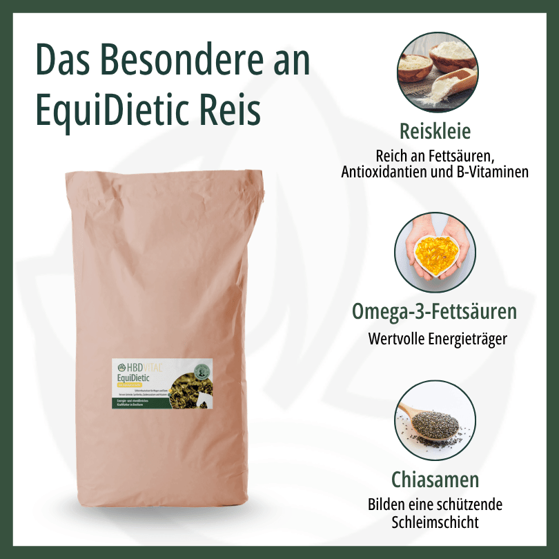 Infografik zu HBD Vital® EquiDietic Reis: Reisfuttermehl reich an Fettsäuren, Antioxidantien und B-Vitaminen, Omega-3-Fettsäuren als Eiweiß- und Energieträger sowie Chiasamen, die eine schützende Schleimschicht bilden