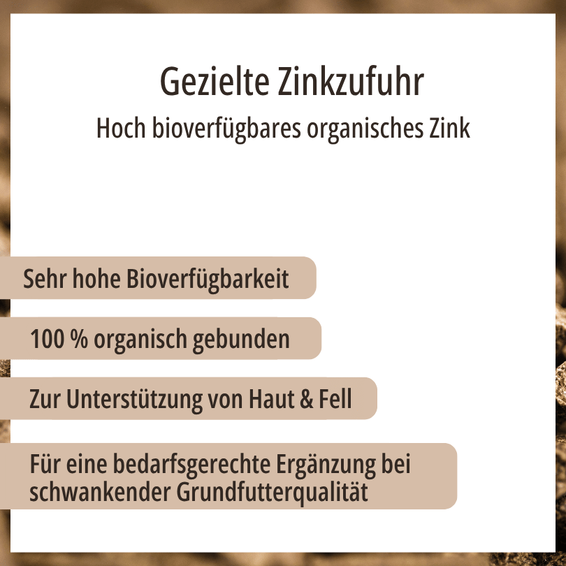 Grafik zu HBD Vital® MonoZink: sehr hohe Bioverfügbarkeit, 100 % organisch gebunden, zur Unterstützung von Haut und Fell, für eine bedarfsgerechte Ergänzung bei schwankender Grundfutterqualität