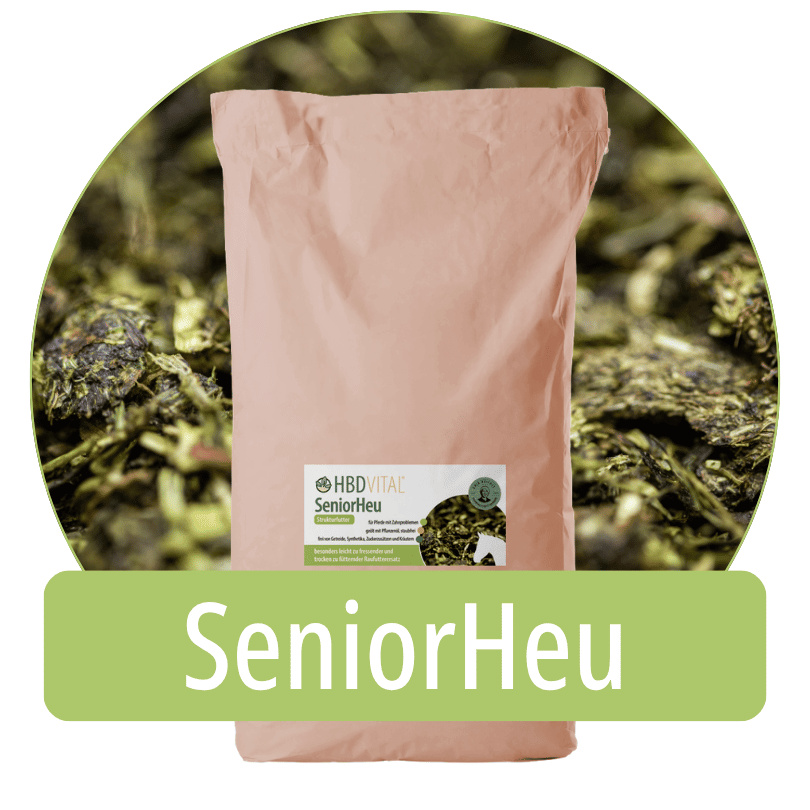 HBD Vital® SeniorHeu Strukturfutter für Pferde mit Zahnproblemen, geölt mit Pflanzenöl und staubfrei, ein besonders leicht zu fressender Raufutterersatz, frei von Getreide, Synthetika und Zuckerzusätzen.