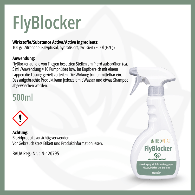 FlyBlocker 500 ml Produktinformation: Wirkstoff Zitroneneukalyptusöl, Anwendung am Pferd mit ca. 5 ml pro Anwendung, Biozidprodukt BAUA Reg.-Nr. N-120795