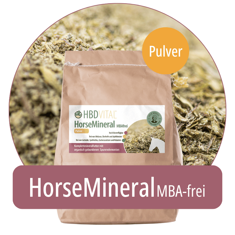 Produktverpackung HBD Vital® HorseMineral MBAfrei Pulver, Mineralfuttermittel für Pferde mit organisch gebundenen Spurenelementen
